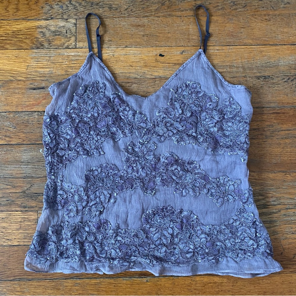 Bohemian Purple Sheer Lace with Sown in Bedazzles Tank Top Size Small